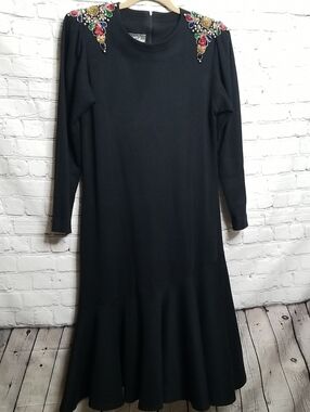 Edith Flagg Black Dress 60s Sequin Shoulder Applique Large